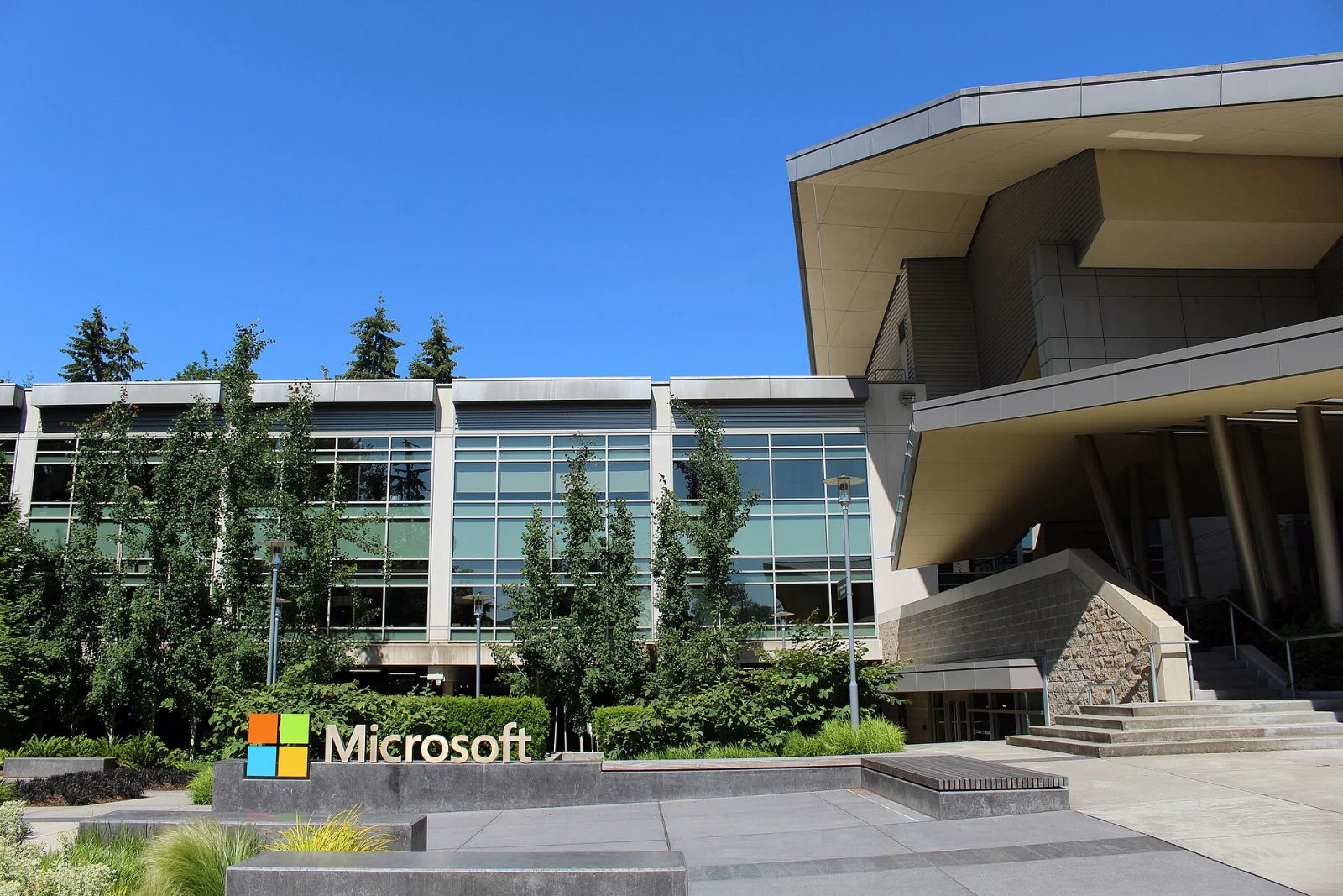 Microsoft sign outside Building 92 on the company's Redmond campus